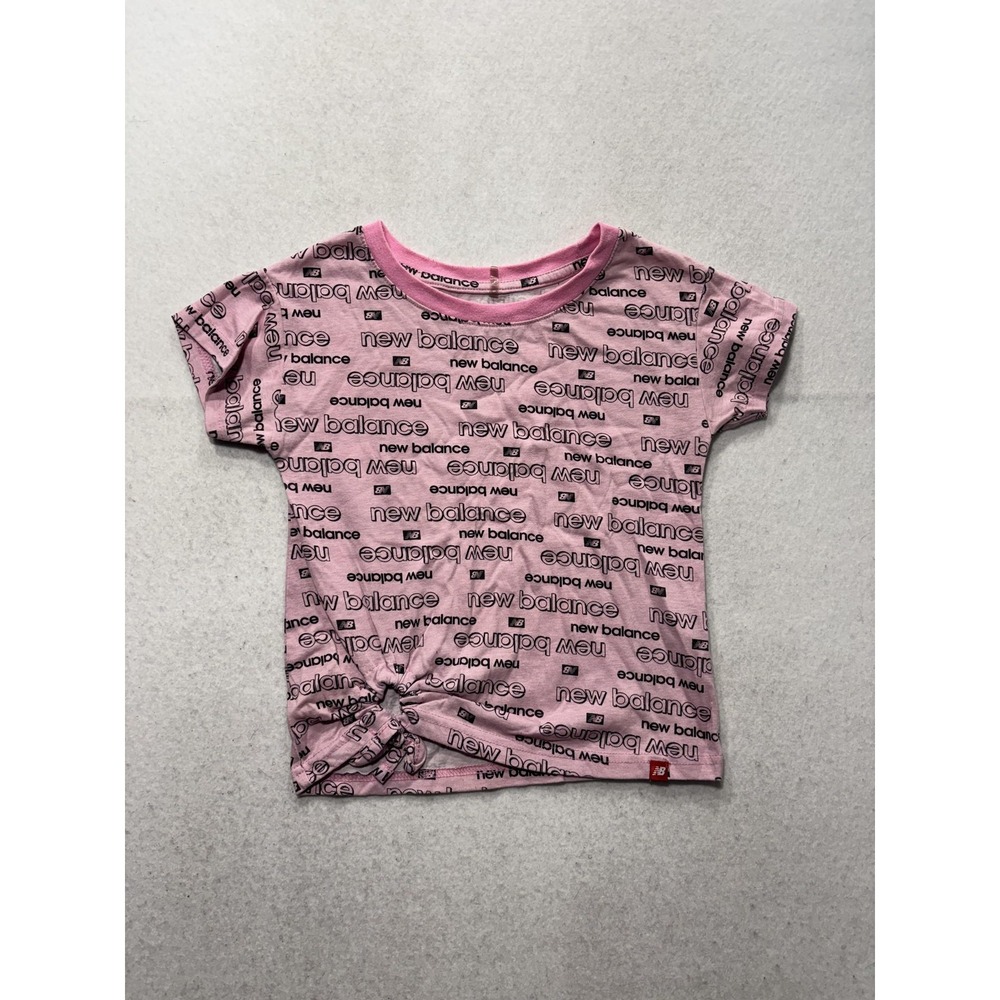 New Balance Shirt Girls S 7/8 Pink Allover Logo Knot Hem Graphic Tee Athletic